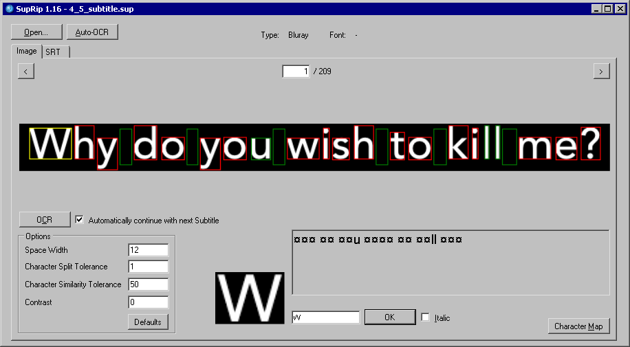 Screenshot of SupRip OCR software